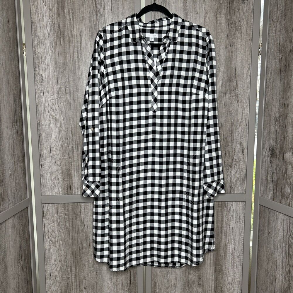 J Jill Gingham Midi Dress Black and White Roll Tab Sleeves Pockets Size M NEW